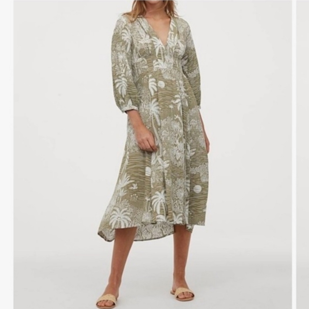 H&M x Desmond & Dempsey Tropical Print Green Island Palm Midi Dress S